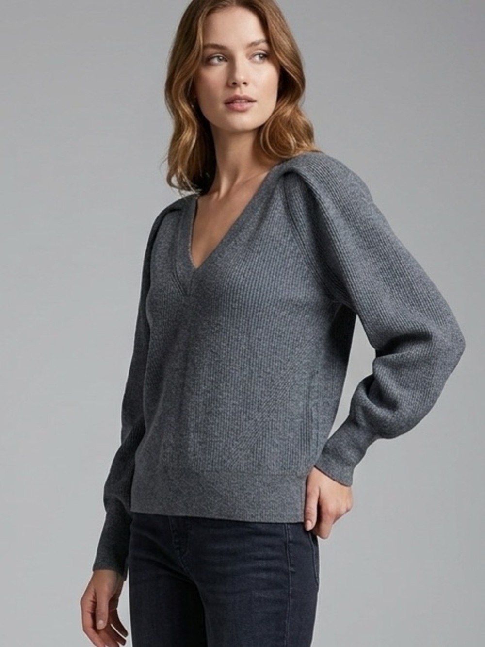 Halogen Super Soft Ribbed V Neck Sweater Gray Pullover XL